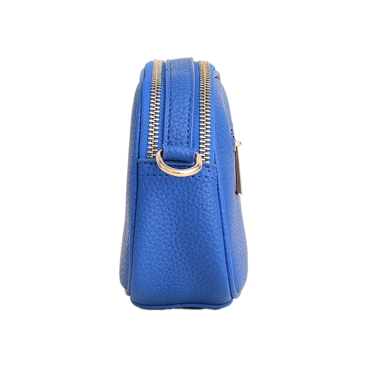 Blue handbag with gold zipper and clasp on a white background