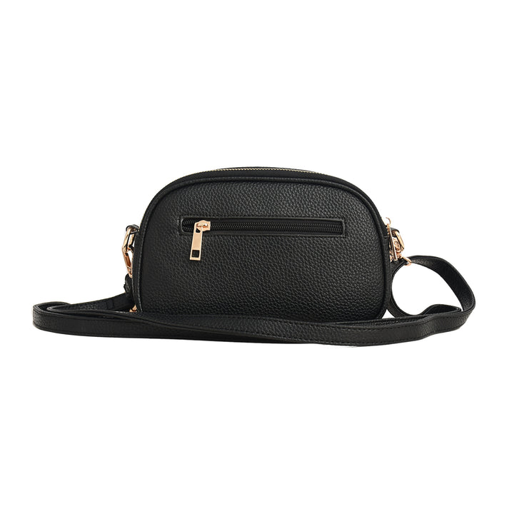 Black leather crossbody bag with gold zippers on a white background

