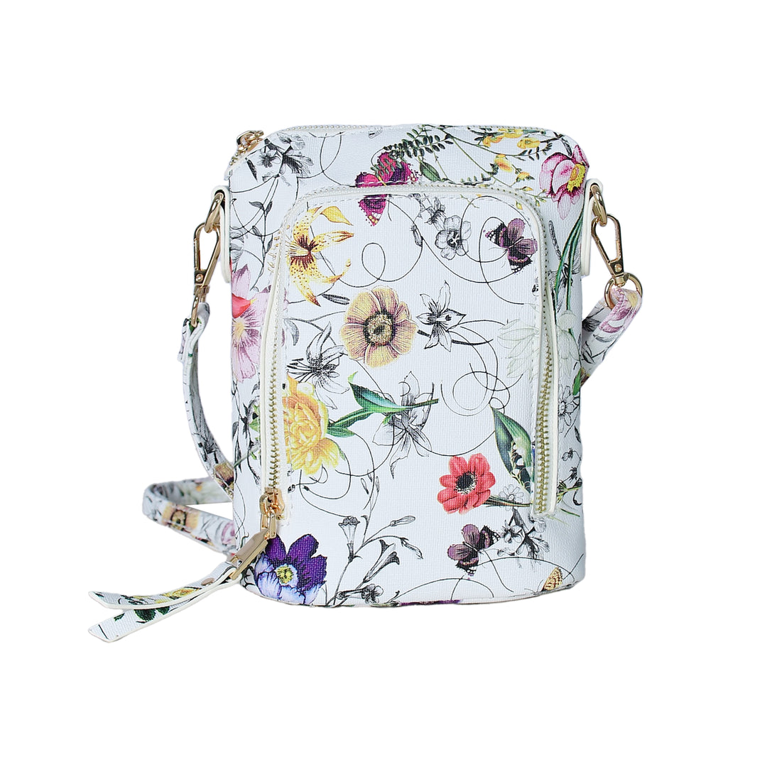Floral-patterned crossbody bag on a white background