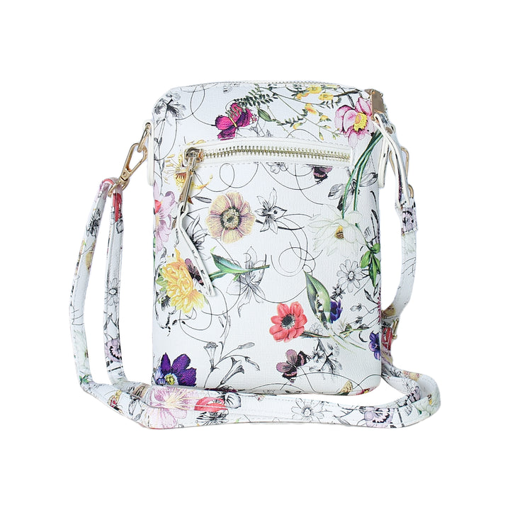 Floral patterned crossbody bag on a white background