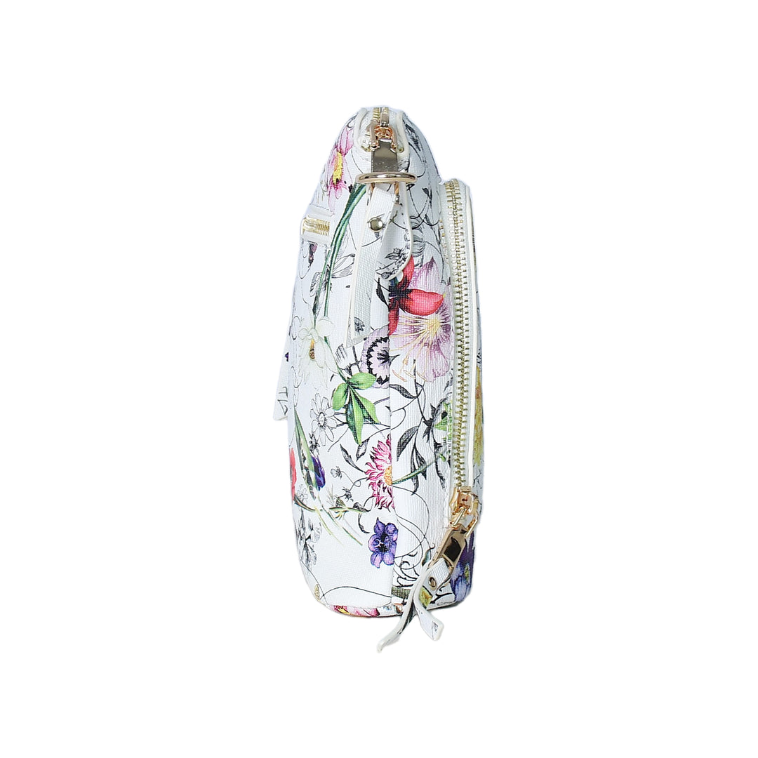 Floral-patterned pouch with a zipper on a white background