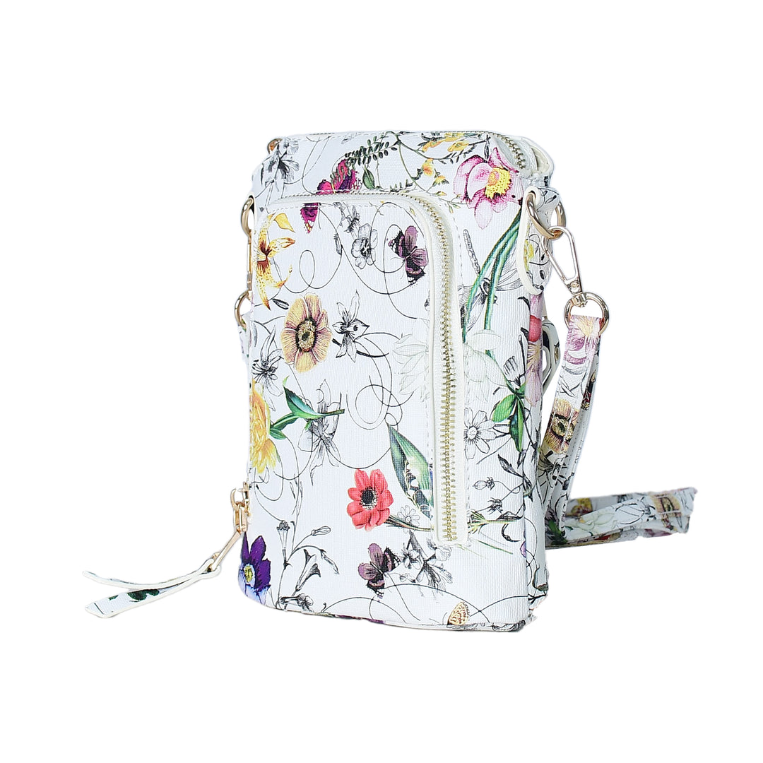 Floral patterned crossbody bag on a white background