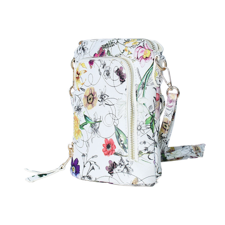 Floral patterned crossbody bag on a white background