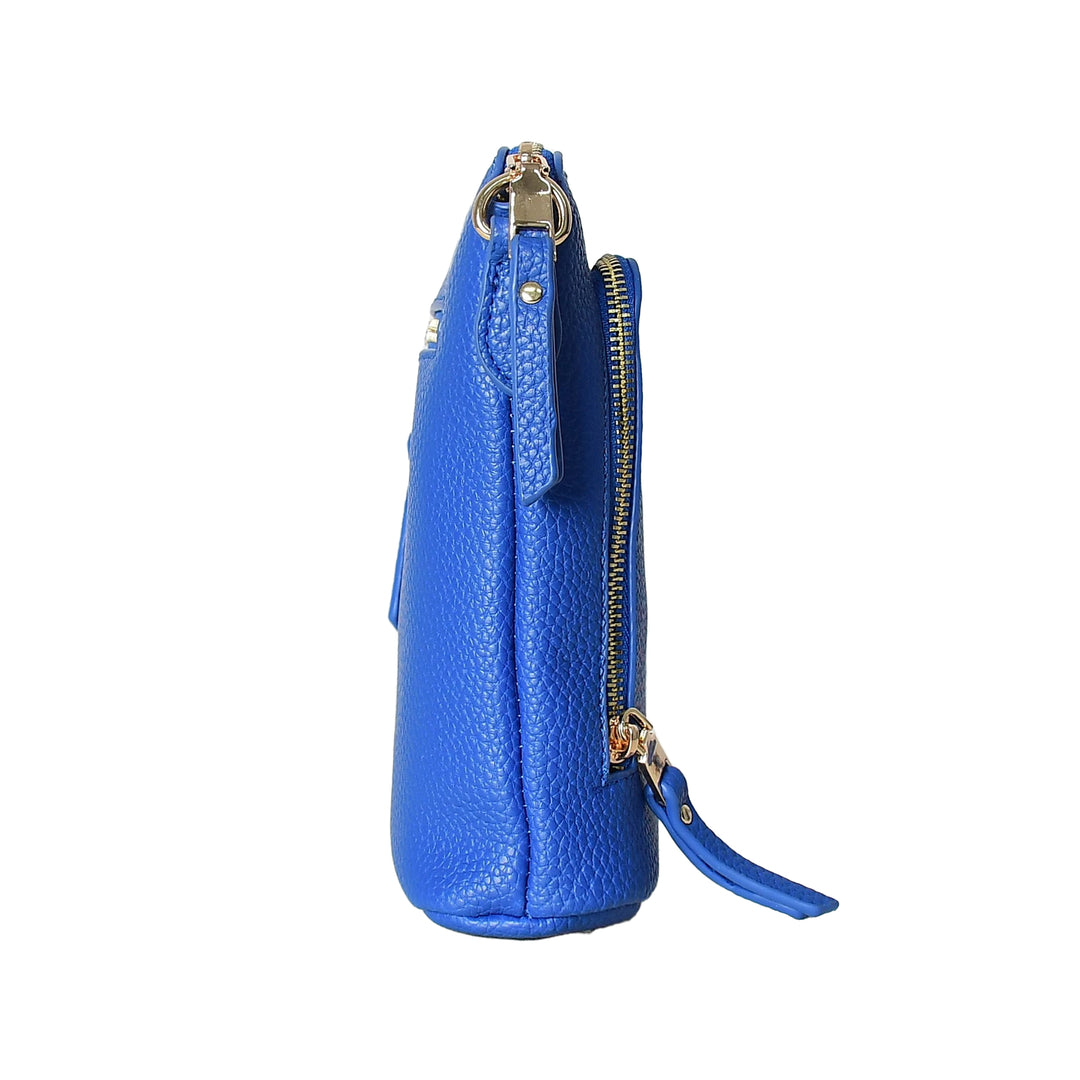 Blue leather handbag with gold zipper on a white background
