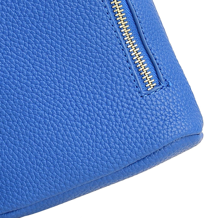 Close-up of a blue leather wallet with a gold zipper.
