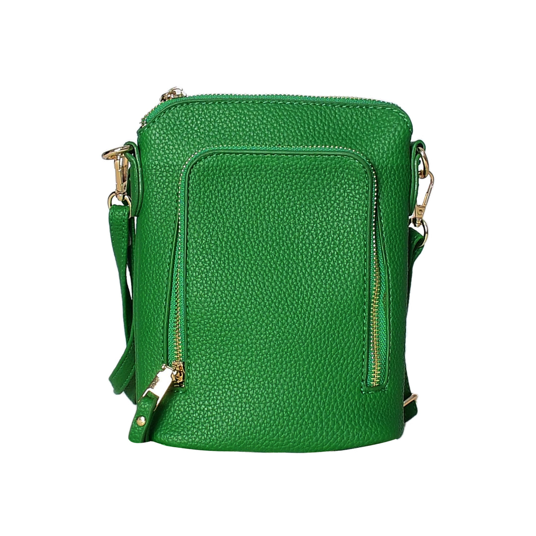 Green leather crossbody bag on a white background