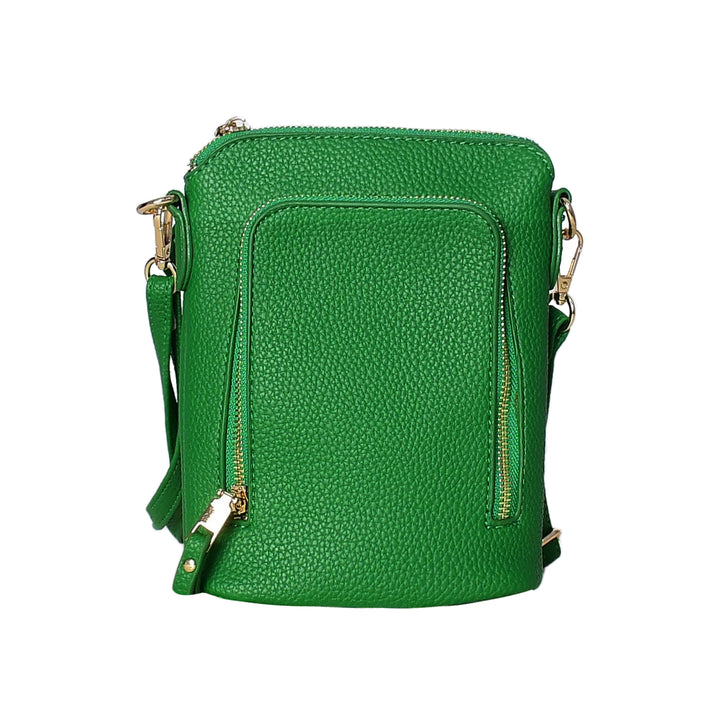 Green leather crossbody bag on a white background