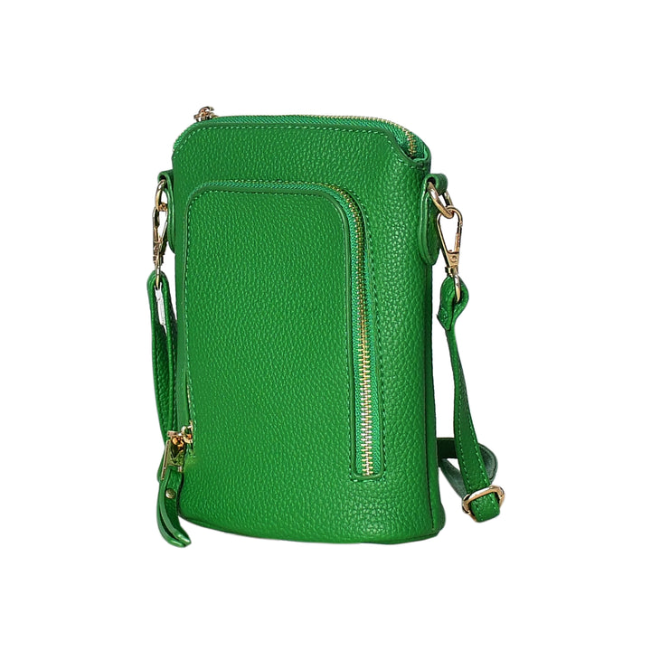 Green leather crossbody bag on a white background
