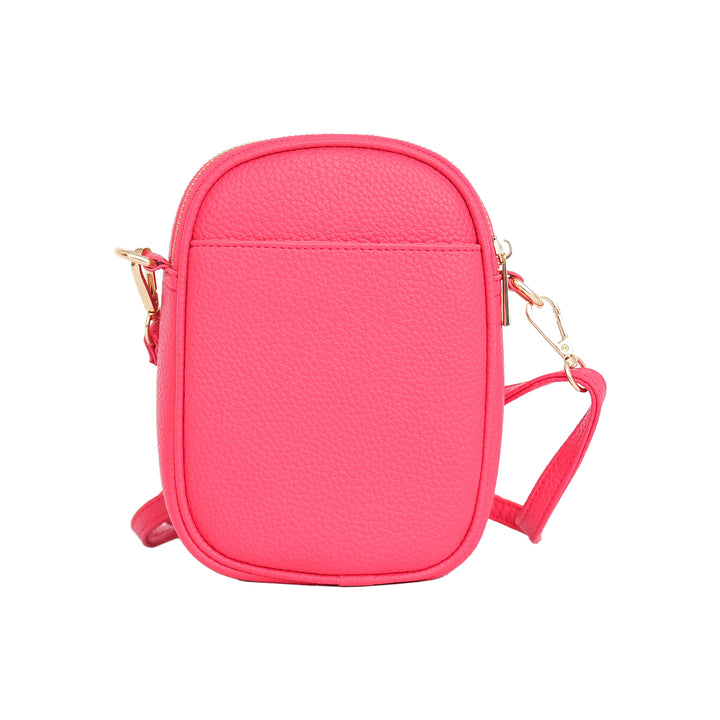 Pink crossbody bag with gold chain on a white background