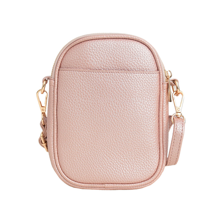 Pink crossbody bag with gold accents on a white background