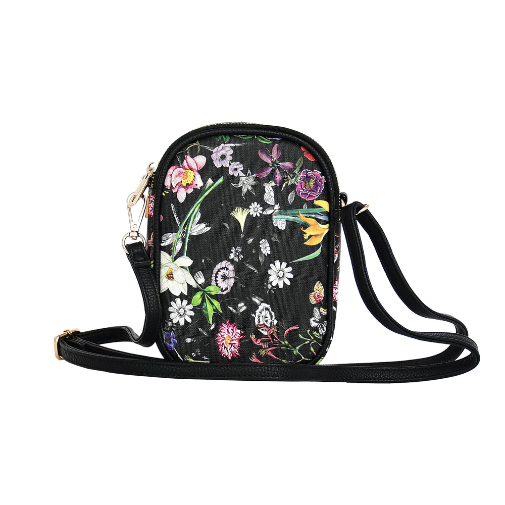 Floral-patterned crossbody bag on a white background
