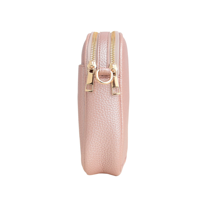Pink pouch with gold zipper on a white background