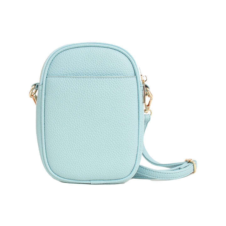 Light blue crossbody bag on a white background