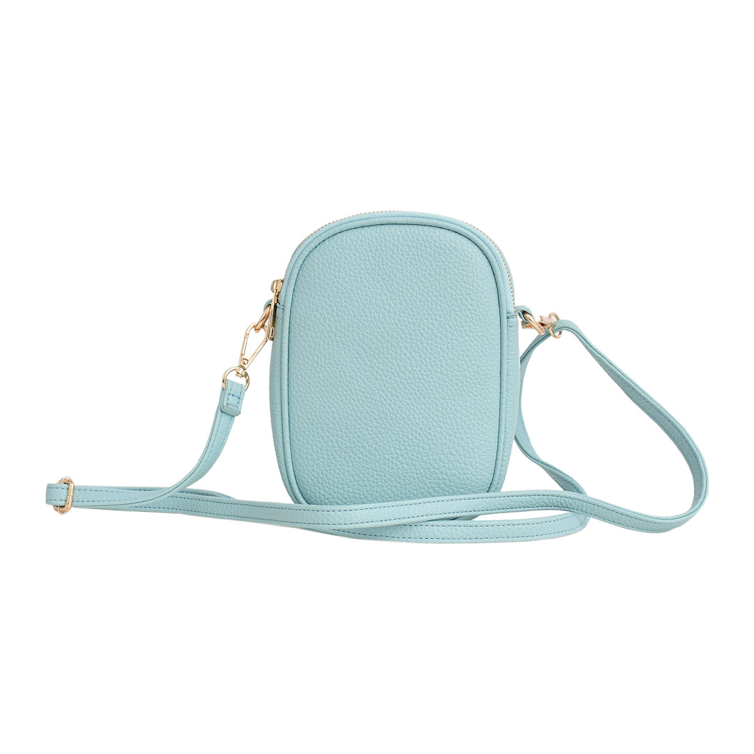 Light blue crossbody bag on a white background