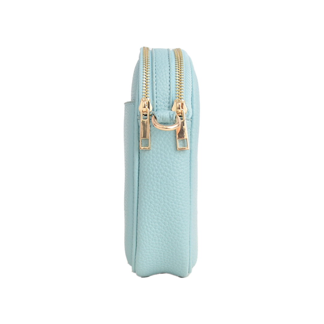 Light blue wallet with gold zipper on a white background