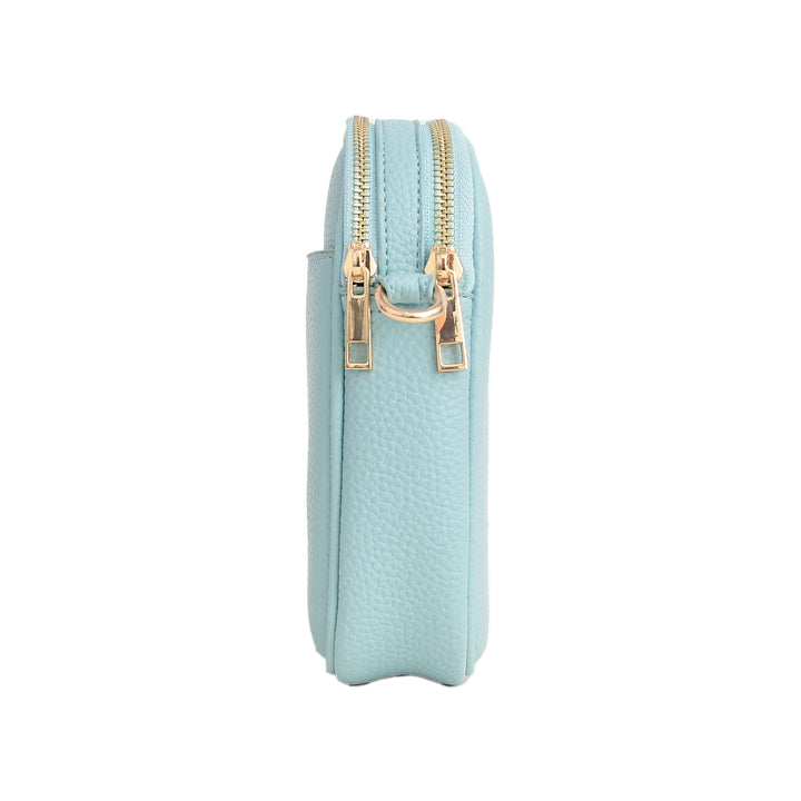 Light blue wallet with gold zipper on a white background