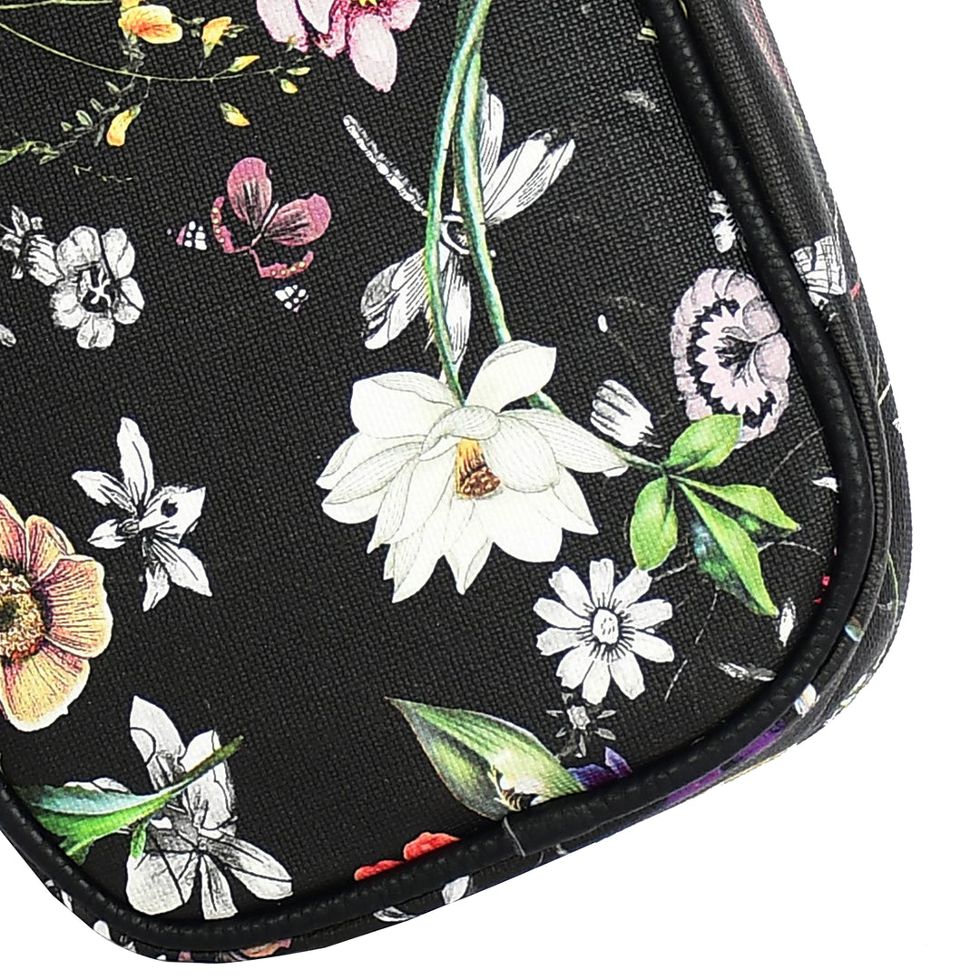 Floral-patterned pouch with a black background