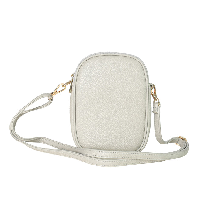 White crossbody bag with a strap on a white background