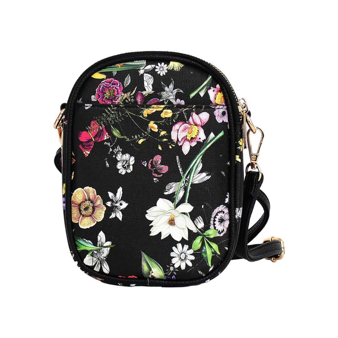 Floral-patterned crossbody bag on a white background