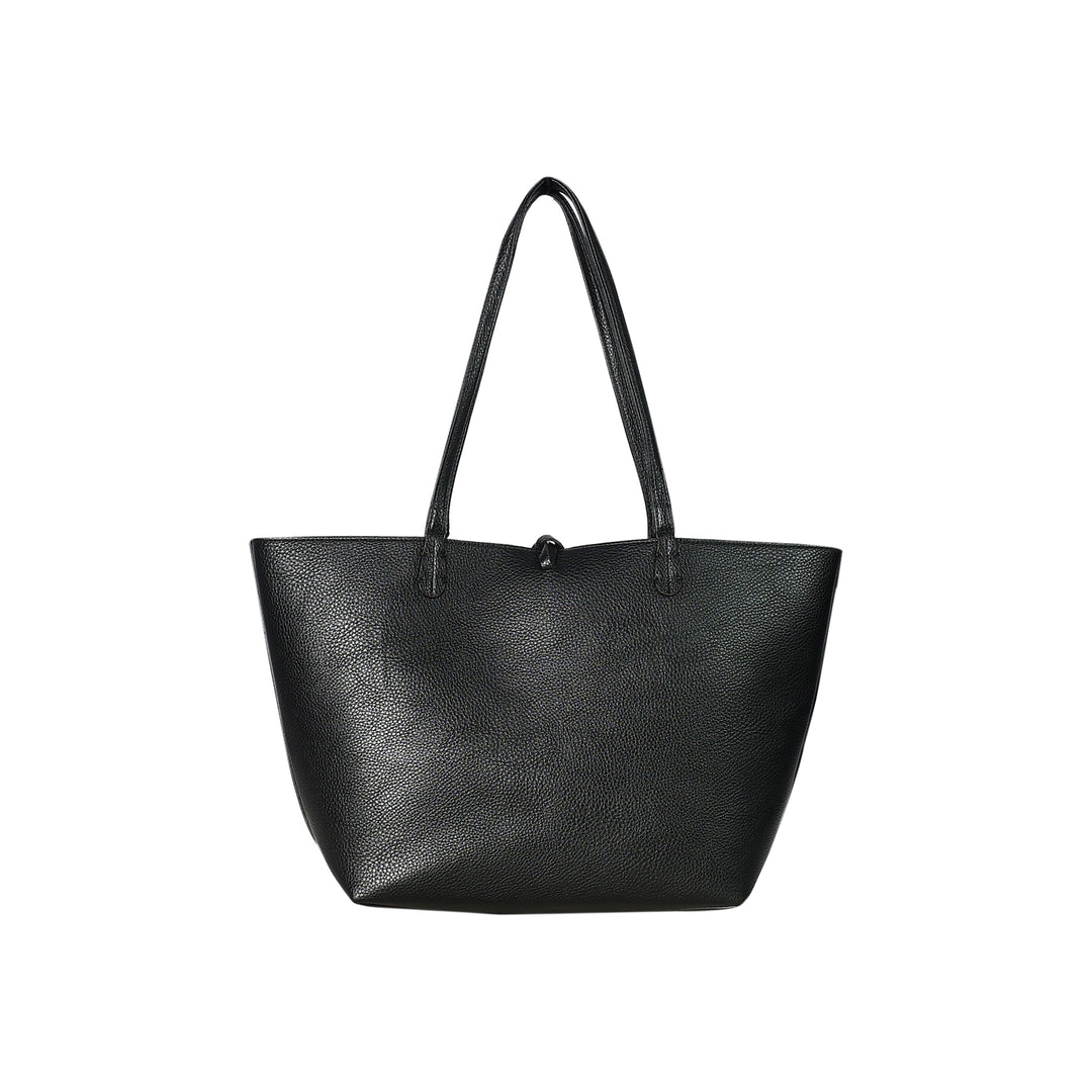 Black leather tote bag on a white background