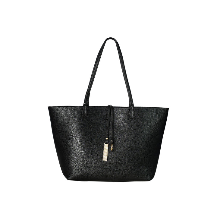 Black leather tote bag with a gold zipper pull on a white background
