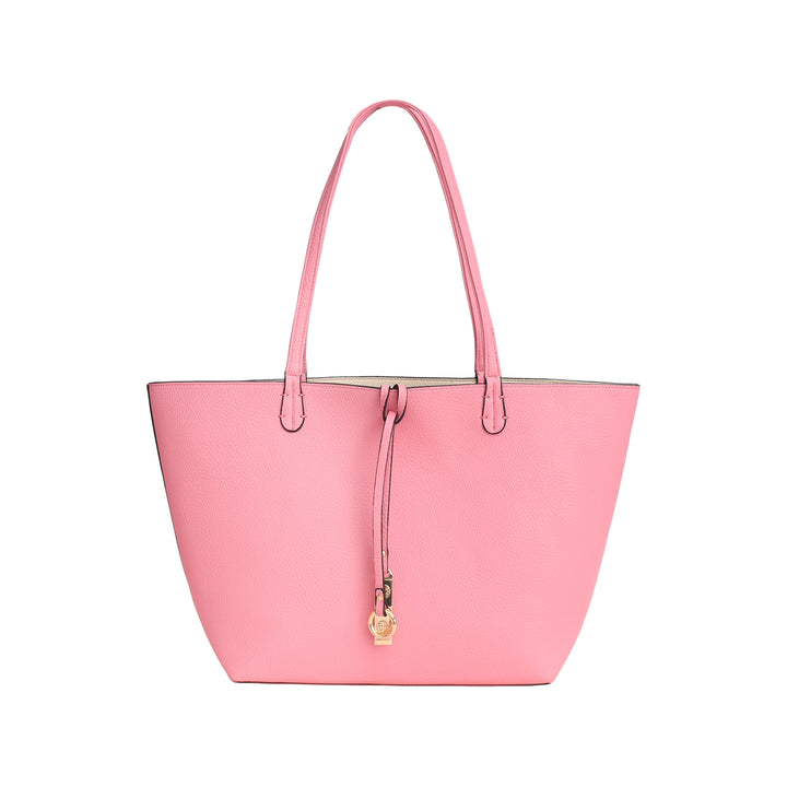 Pink handbag with a gold clasp on a white background