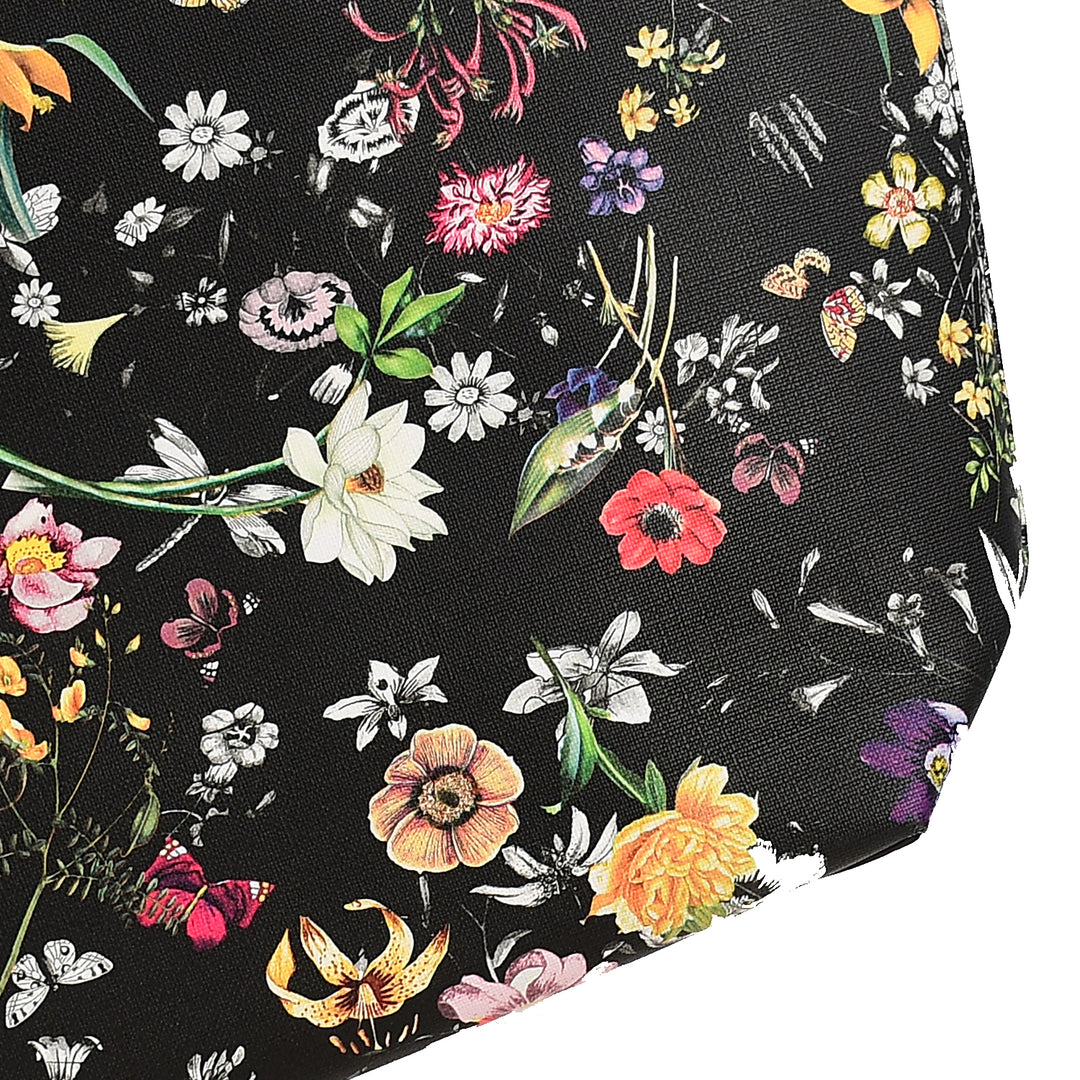 Floral patterned fabric with colorful flowers on a black background