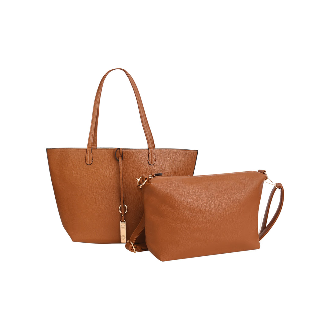 Brown leather tote and matching pouch on a white background