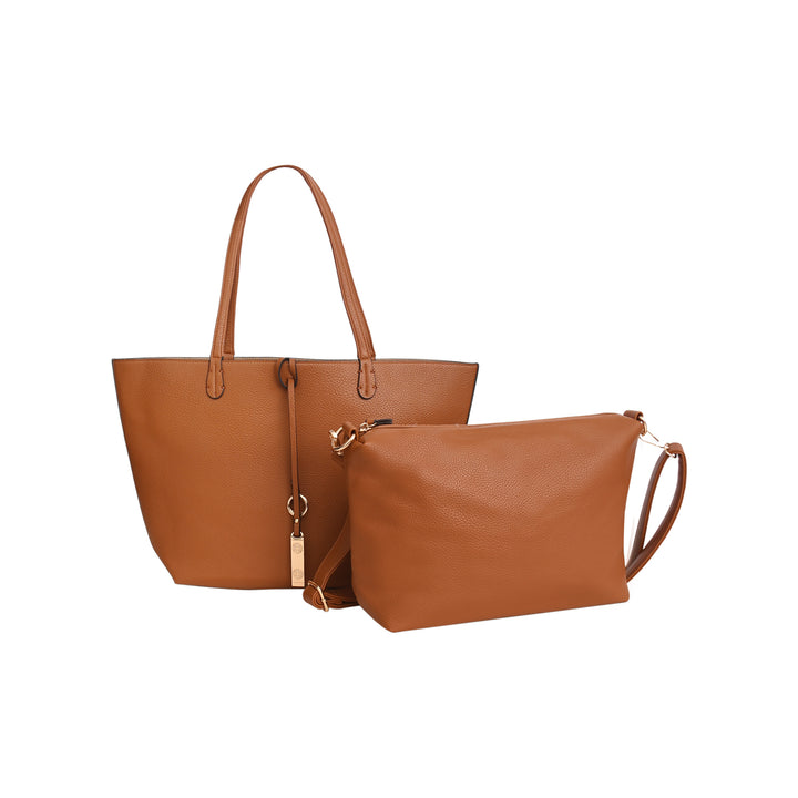 Brown leather tote and matching pouch on a white background