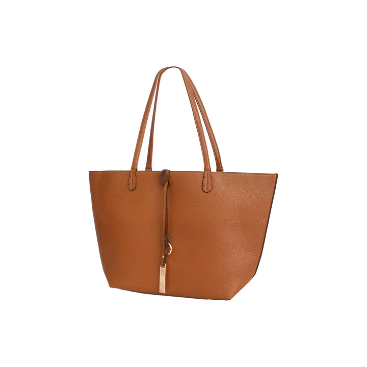 Brown leather tote bag on a white background