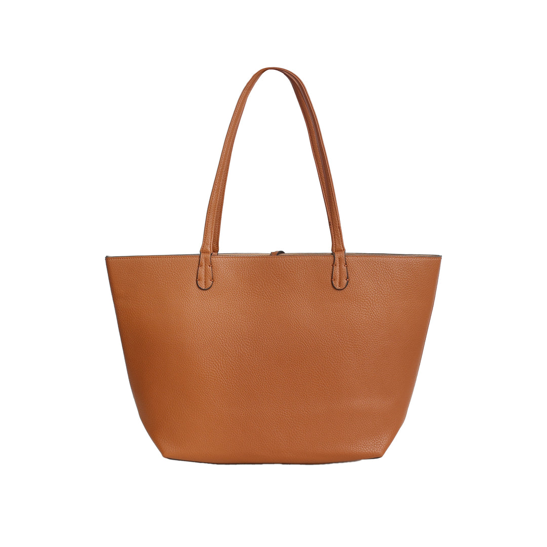 Brown leather tote bag on a white background