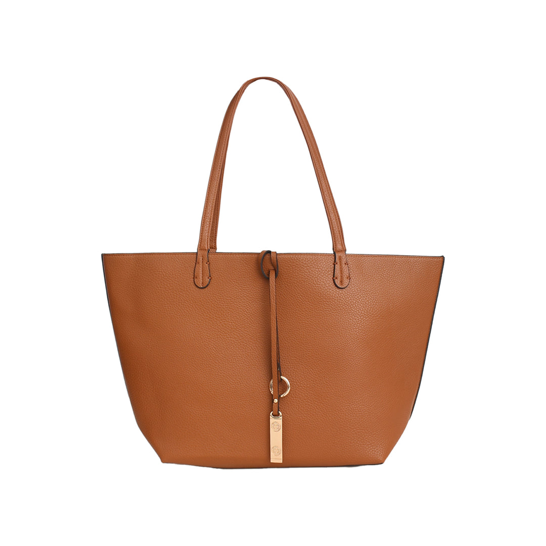 Brown tote bag with a gold accent on a white background