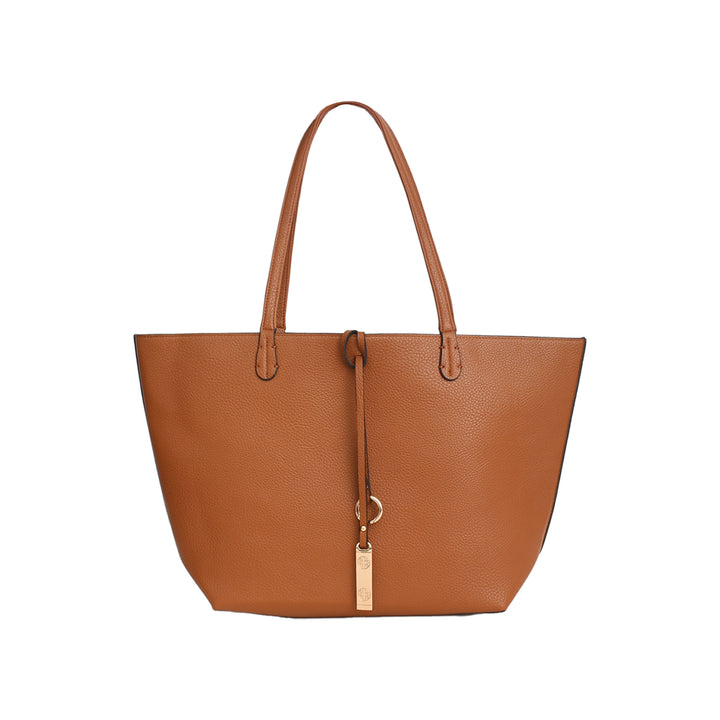 Brown tote bag with a gold accent on a white background