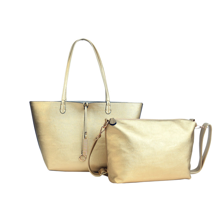 Gold handbag and matching pouch on a white background