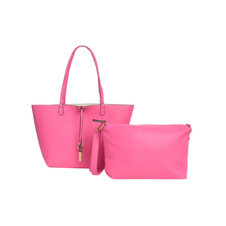 Pink handbag and matching pouch on a white background