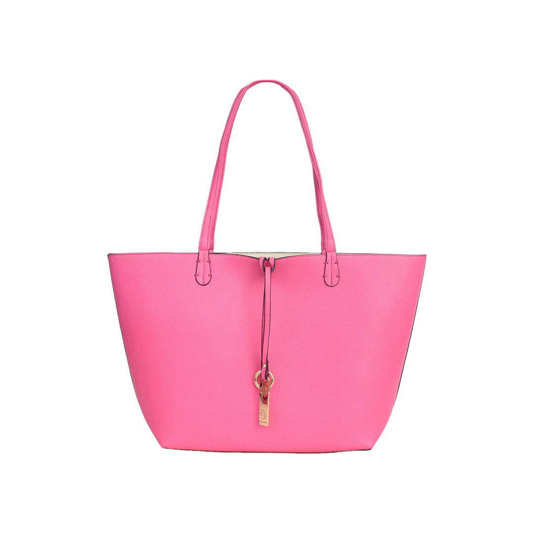 Pink handbag with a gold zipper pull on a white background