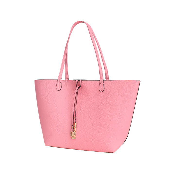 Pink tote bag with a gold zipper on a white background