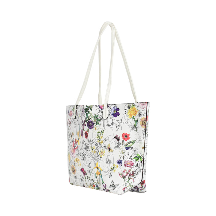 Floral-patterned tote bag on a white background