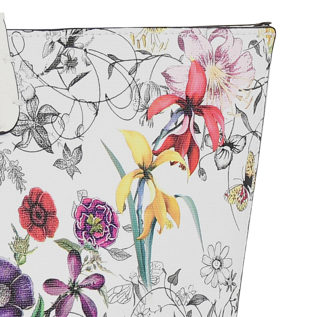 Floral patterned pouch with colorful flowers on a white background