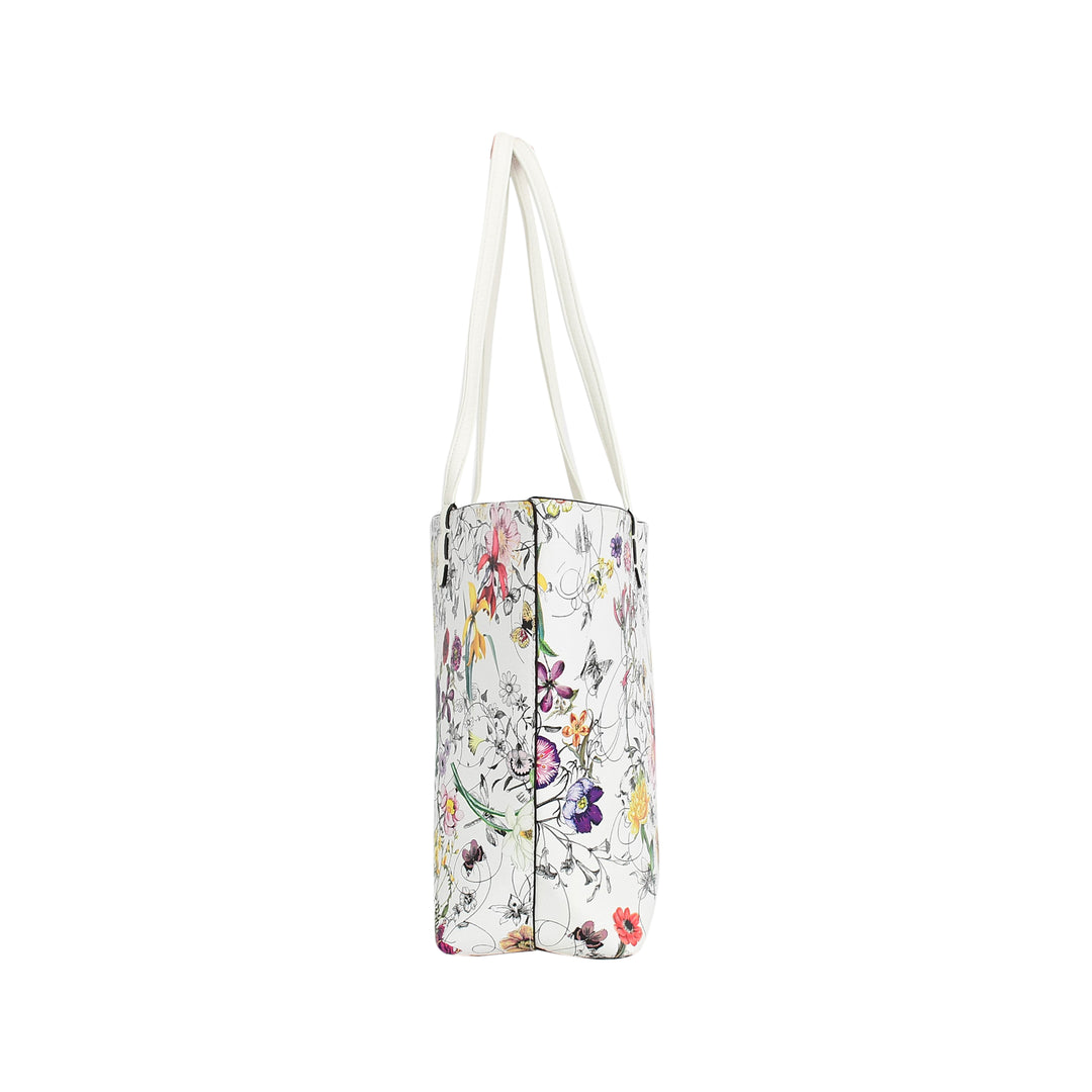 Floral-patterned bag with a strap on a white background