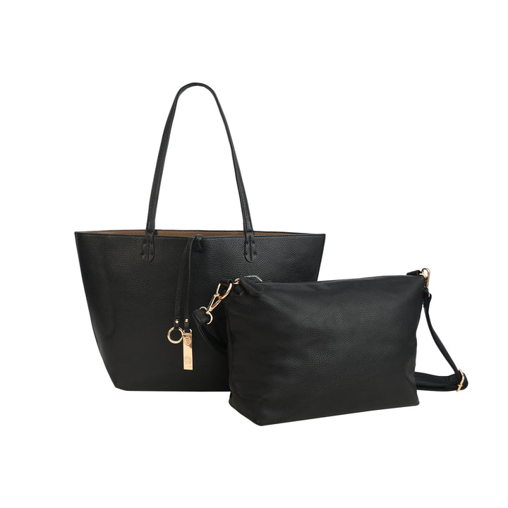 Two black handbags with gold accents on a white background