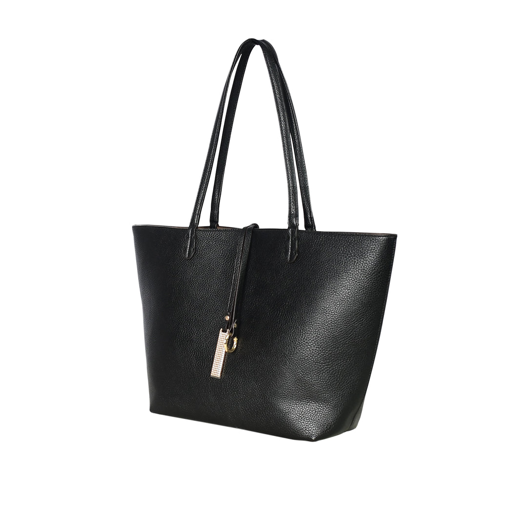 Black tote bag with a gold zipper on a white background