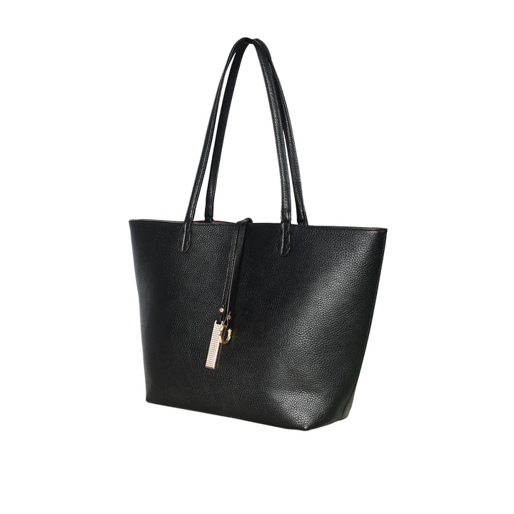 Black tote bag with a gold zipper on a white background