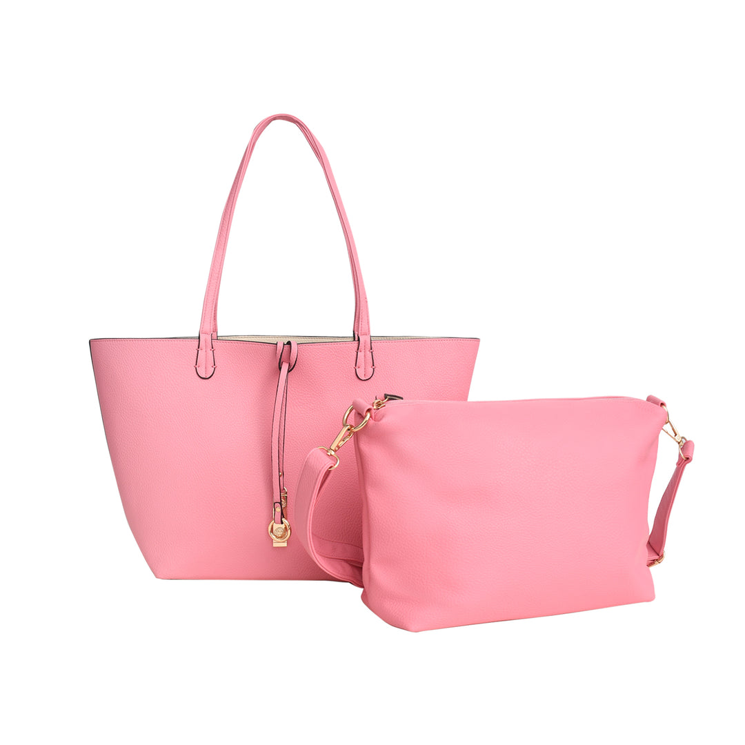 Pink handbag with matching pouch on a white background