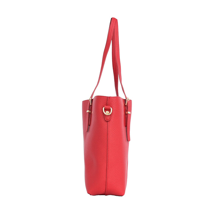 Red handbag with a strap on a white background