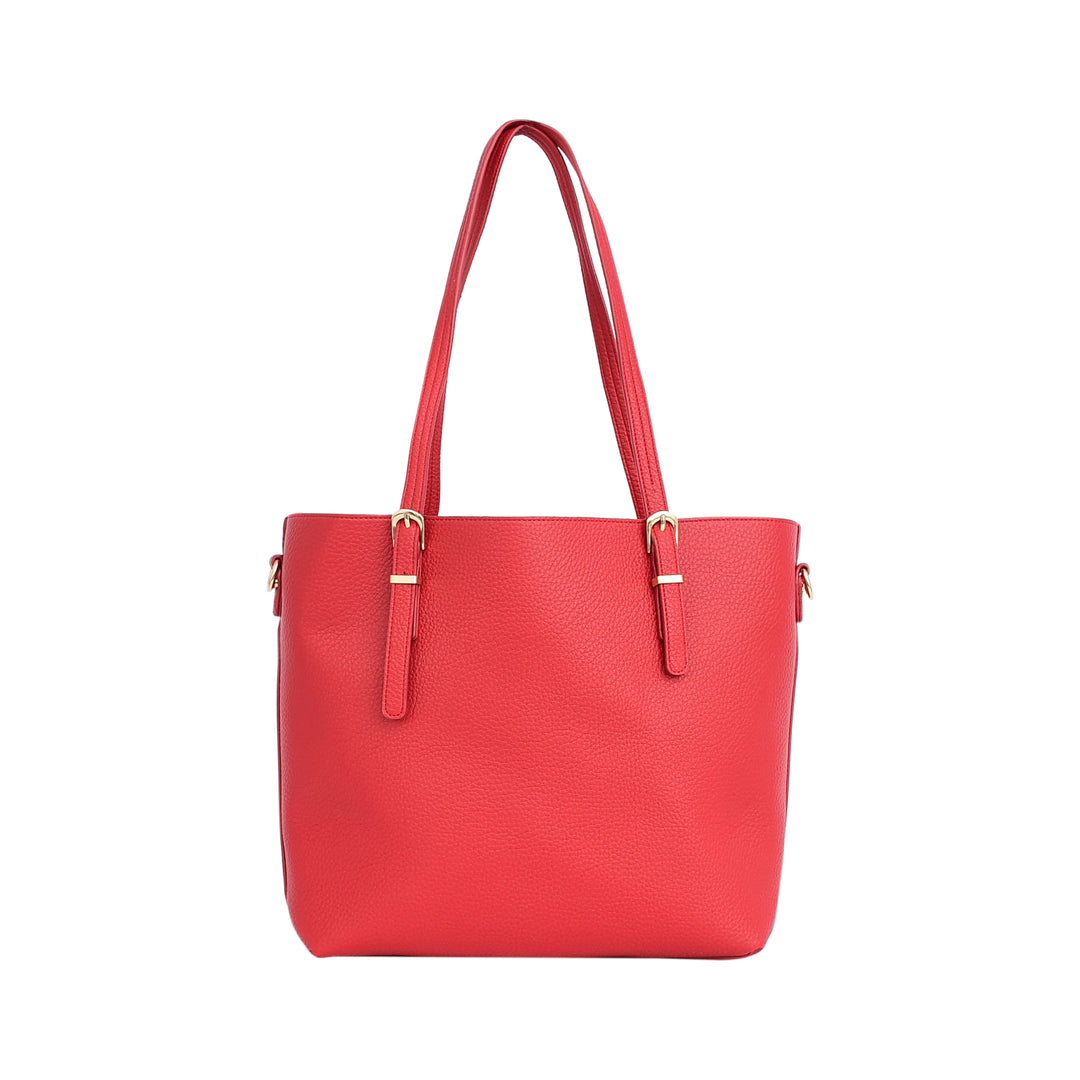 Red handbag with gold accents on a white background