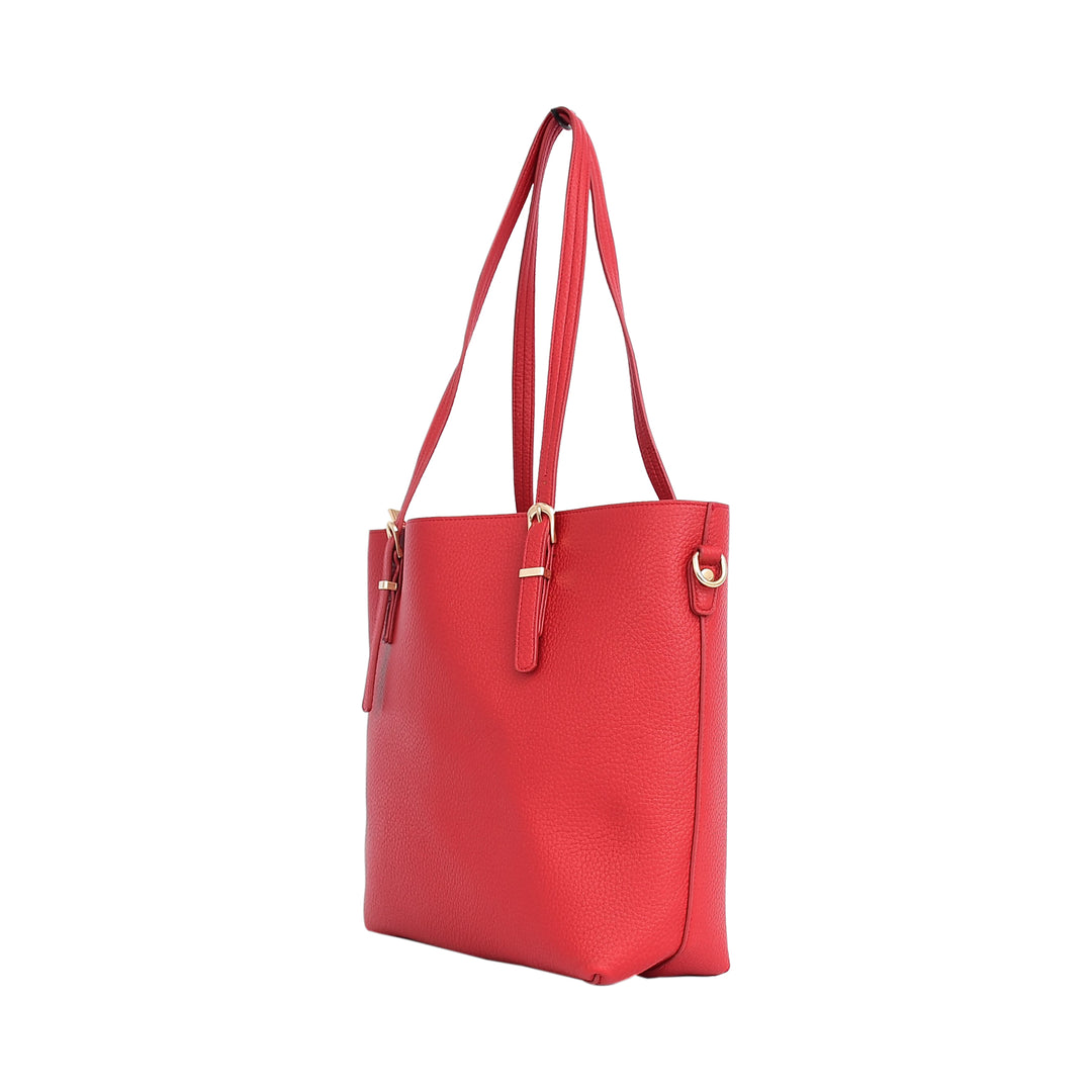Red handbag with gold accents on a white background