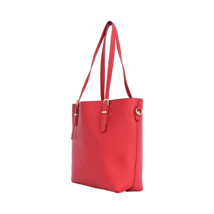 Red handbag with gold accents on a white background