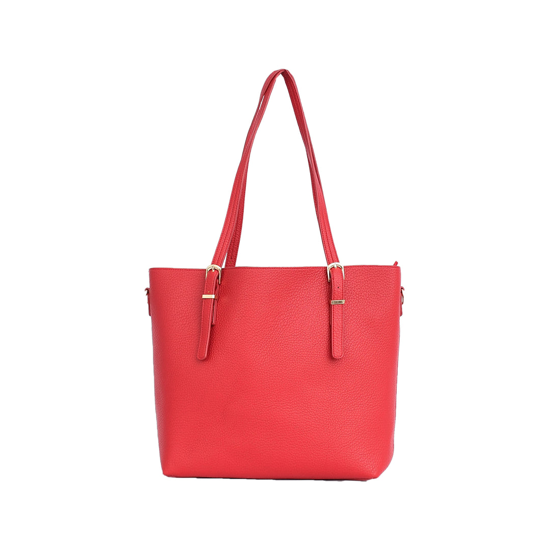 Red handbag with gold accents on a white background