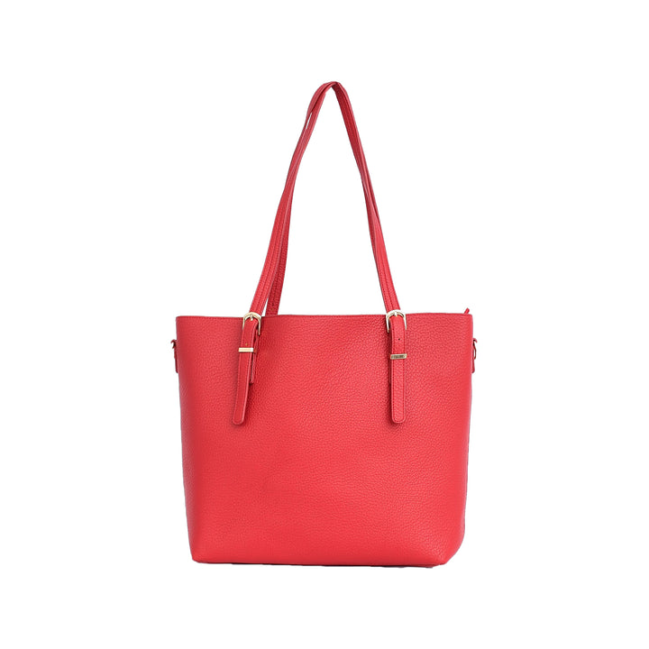 Red handbag with gold accents on a white background